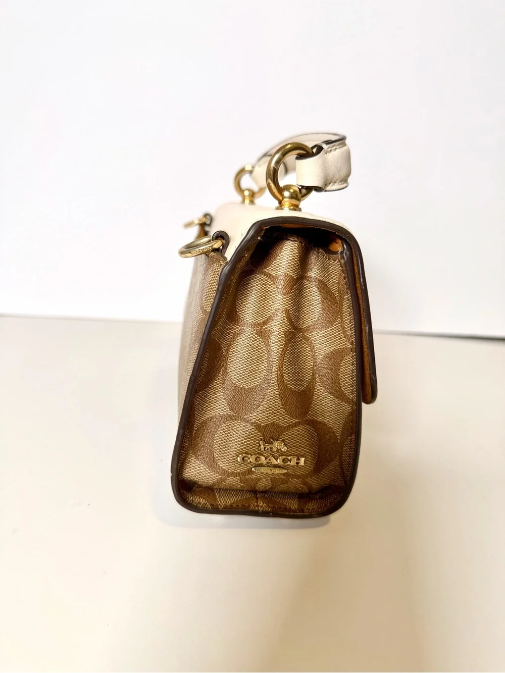 Coach Brown Signature Canvas with Cream Leather Turnlock Shoulder Bag